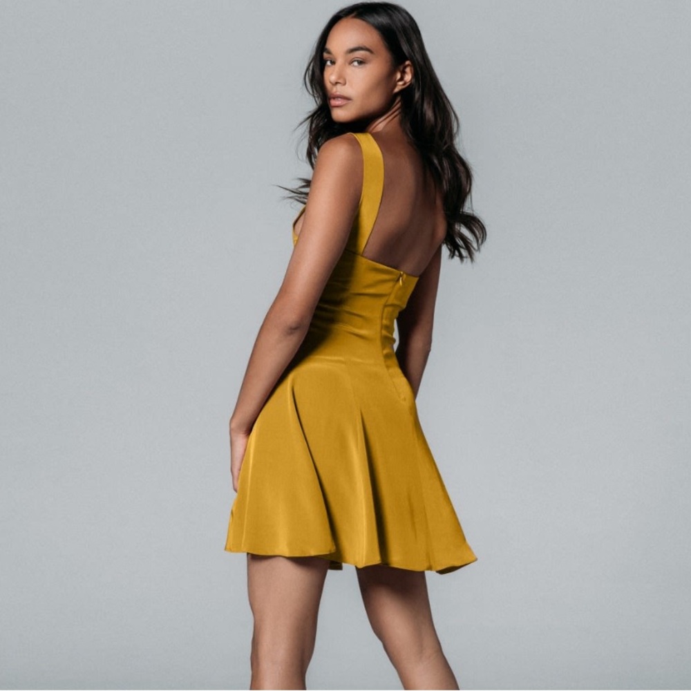 Lily Phellera 100% Silk Omahyra Satin Dress In Mustard Seed Mini - Picture 4 of 8